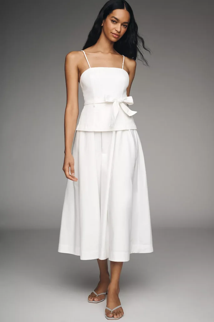 Anthropologie white midi dress for rehearsal dinner.