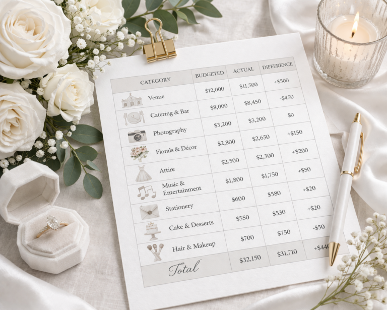 Elegant wedding budget flat lay.