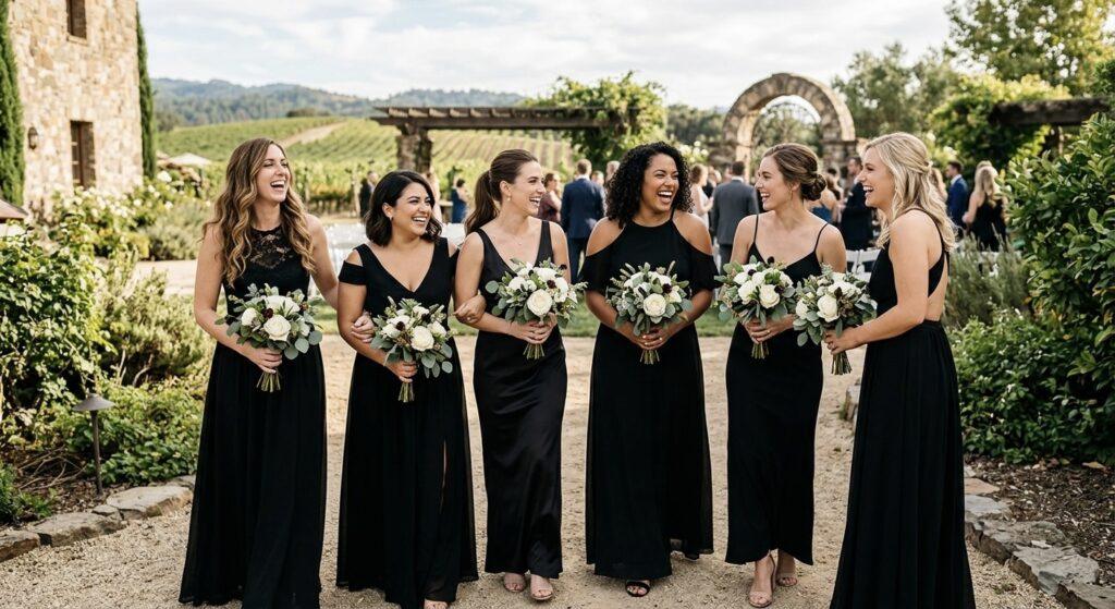 Bridesmaids in black dresses on wedding day.