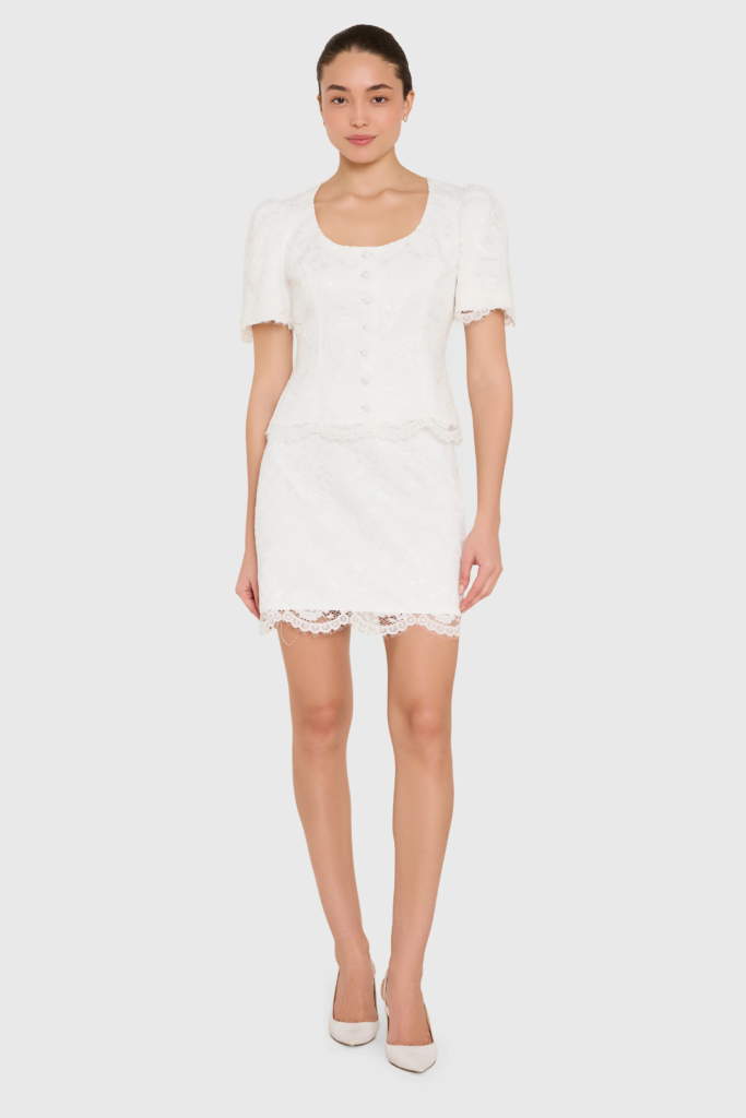 Amanda Uprichard lace bridal mini dress.