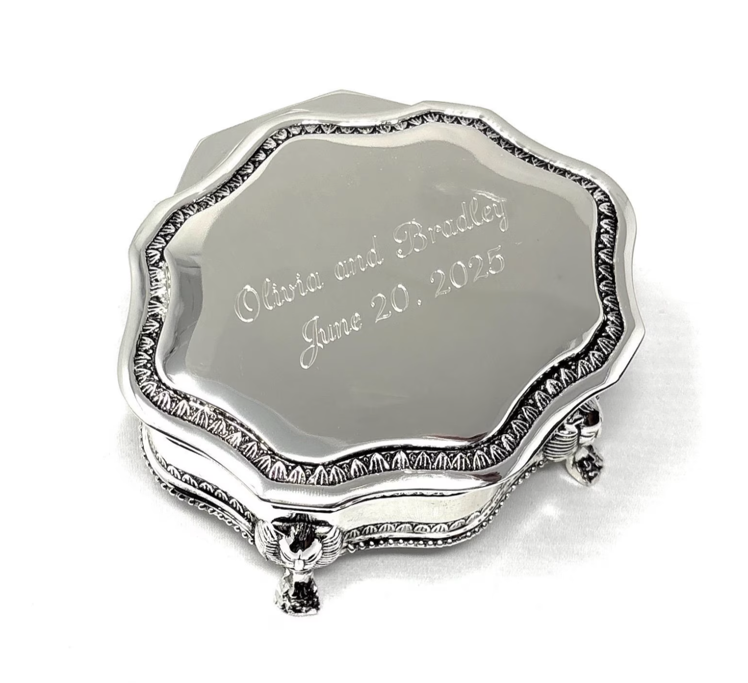 Engraved ring box for wedding registry.
