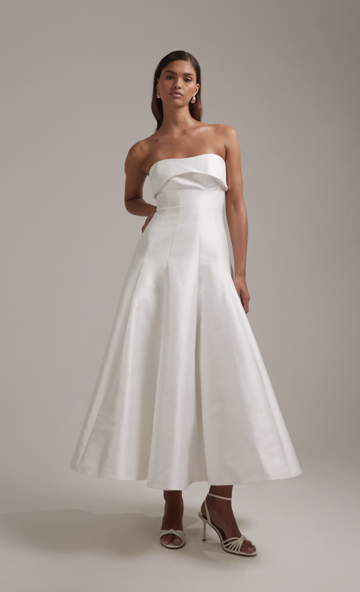ASOS strapless midi dress for rehearsal dinner.
