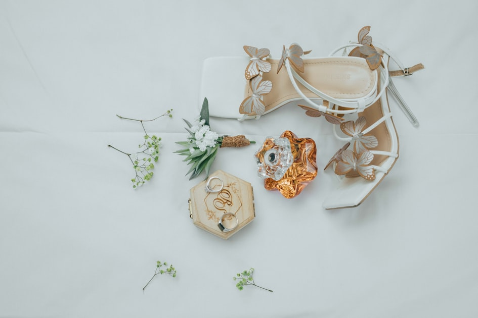 Bridal flat lay items.