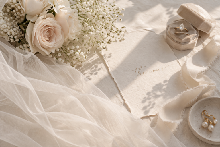 Elegant bridal accessories flat lay.