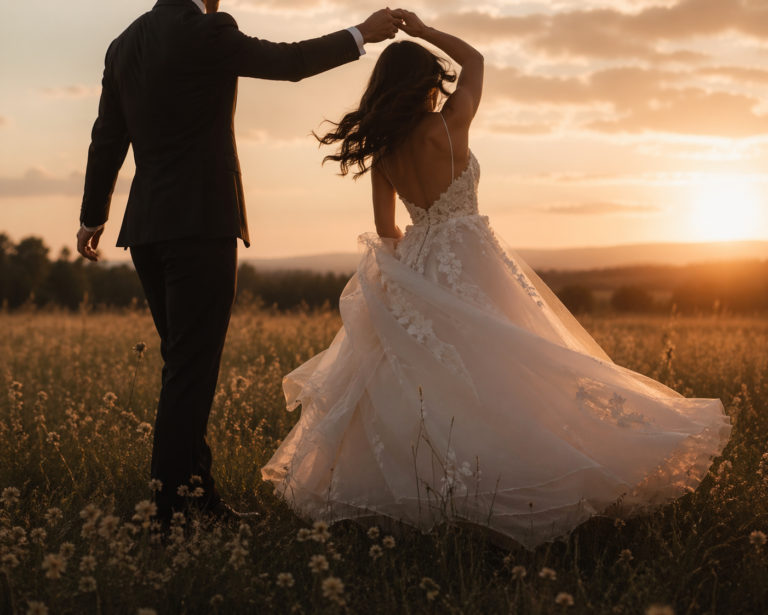 Boho aesthetic wedding first dance at sunset in a field.
