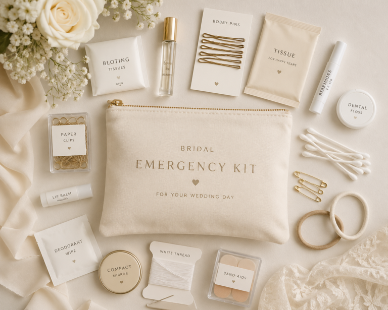 Bridal wedding day emergency kit flat lay.