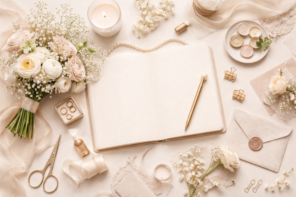 Aesthetic wedding planning vendors flat lay of items to use.