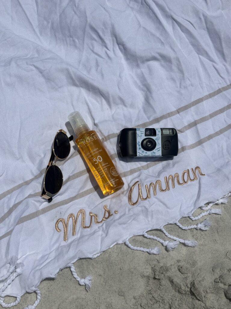 Embroidered custom beach towel for the bride.