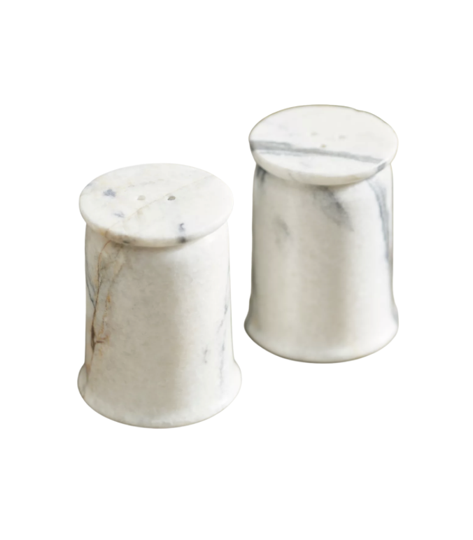 Marble salt and pepper shakers for a wedding registry.