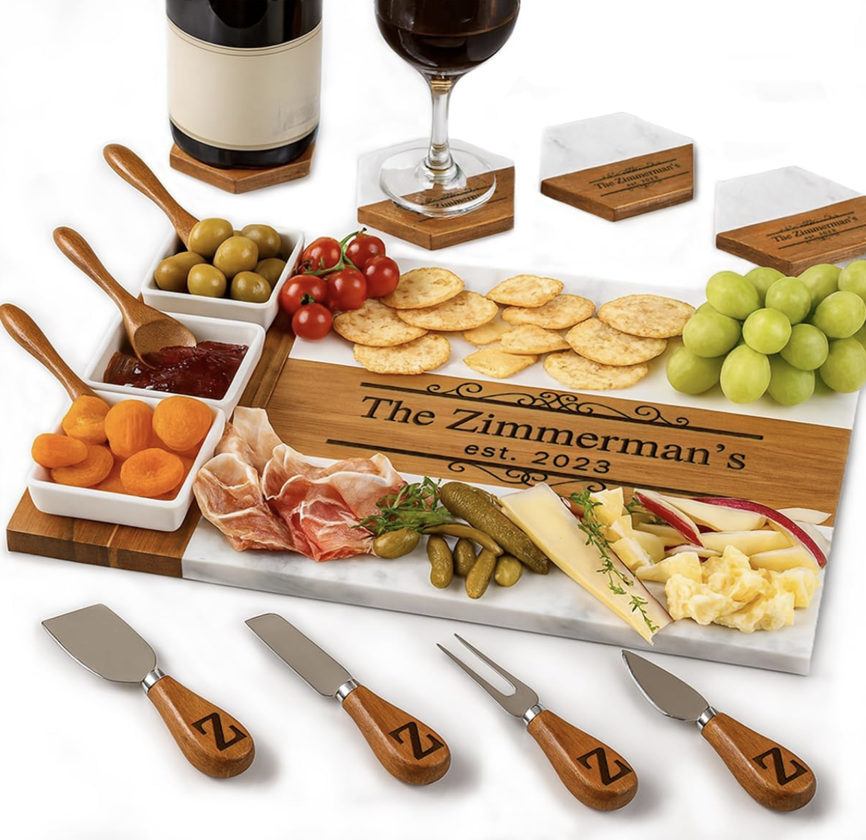 Personalized charcuterie board for a wedding registry.