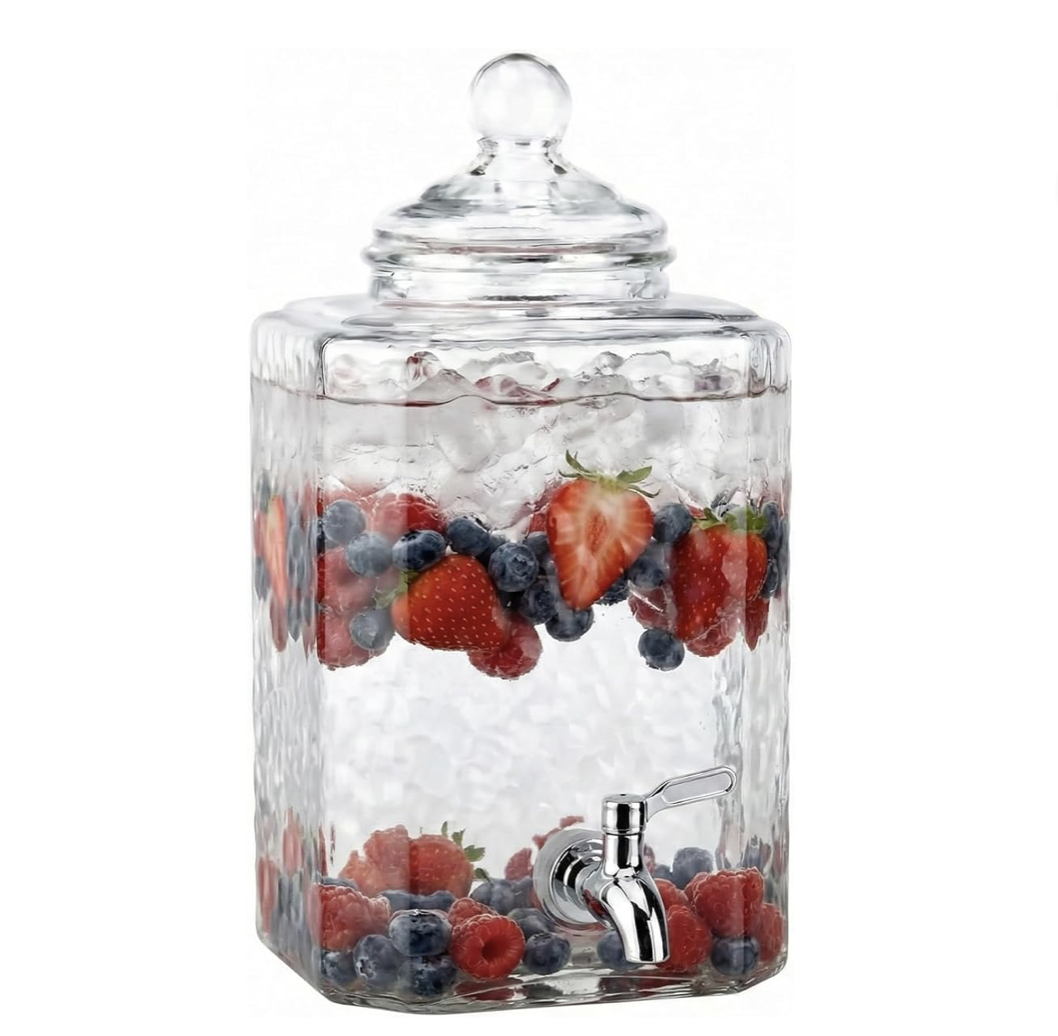 Glass beverage dispenser for a wedding registry.