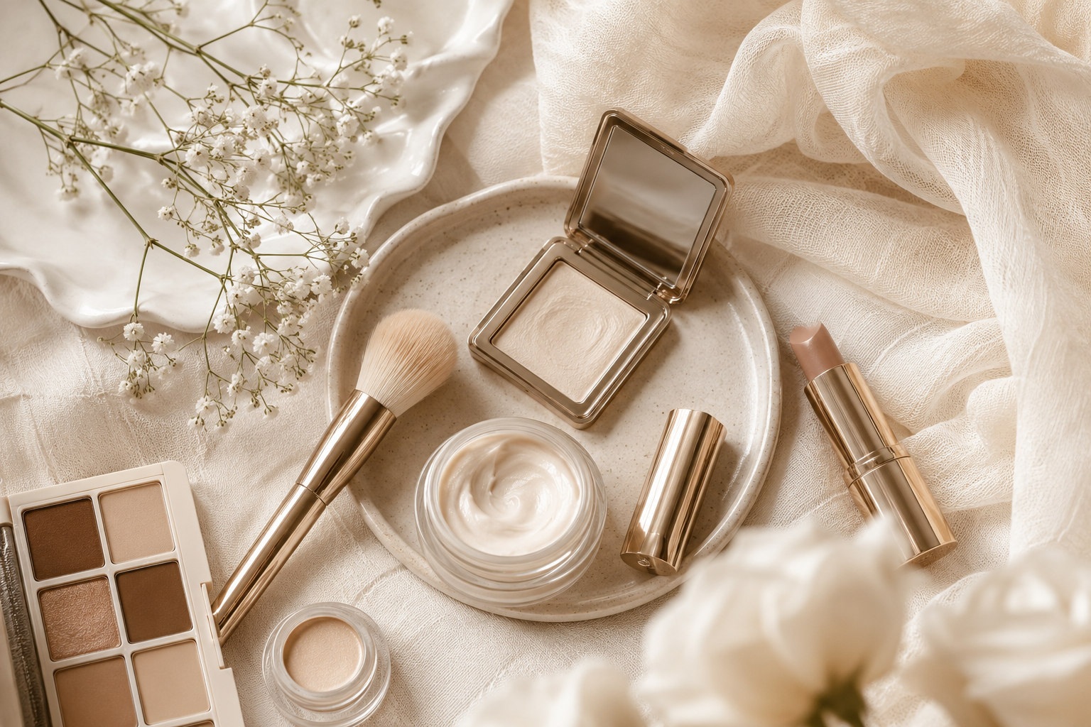 Bridal wedding makeup aesthetic flat lay.